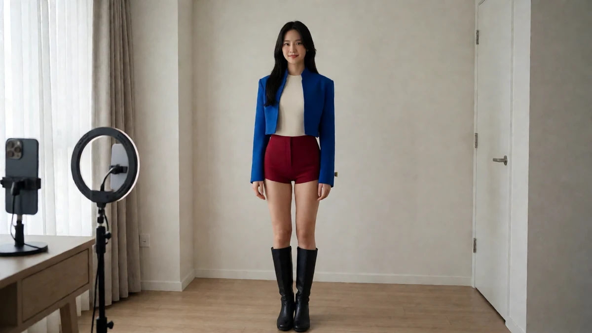 uu视频美女主播栏目中的年轻女友风模特与手机片库场景